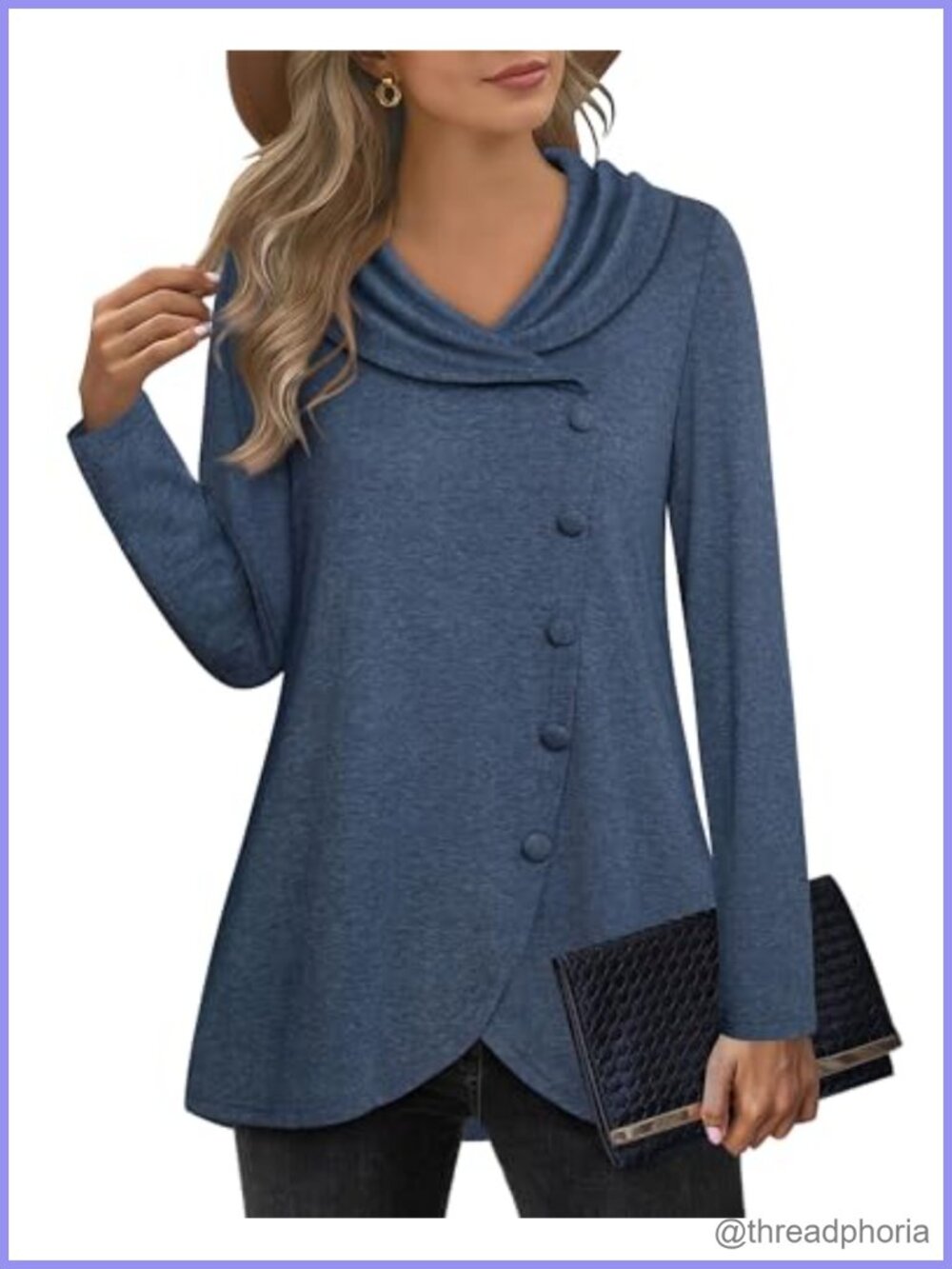 Womens Long Sleeve Tunic Sweatshirt Button Side Tulip Hem Pullover